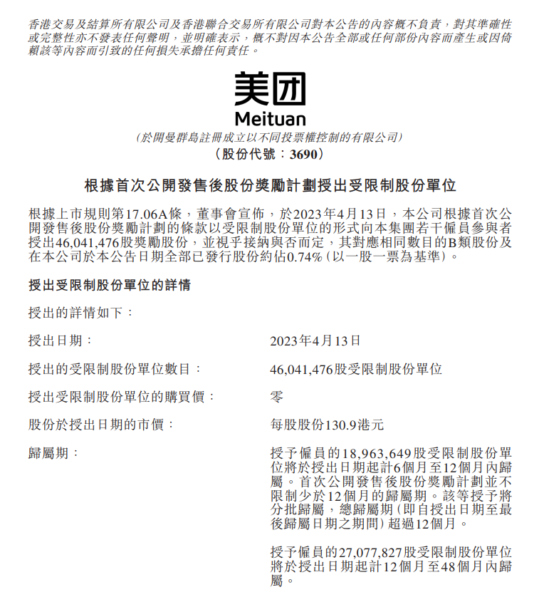 美团授出约4604万股股份激励计划 总价值约60亿港元