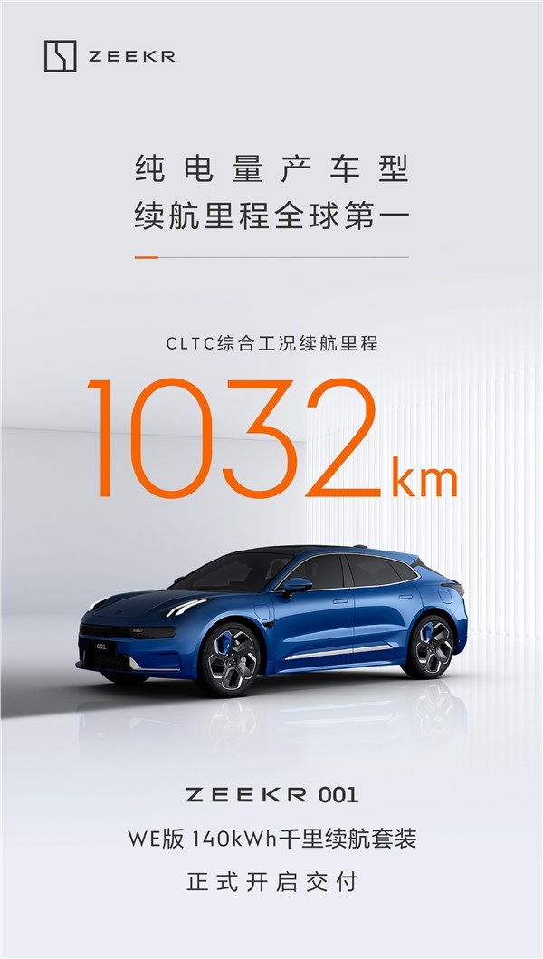 1032km续航全球量产车第一！极氪001千里续航套装版开启交付