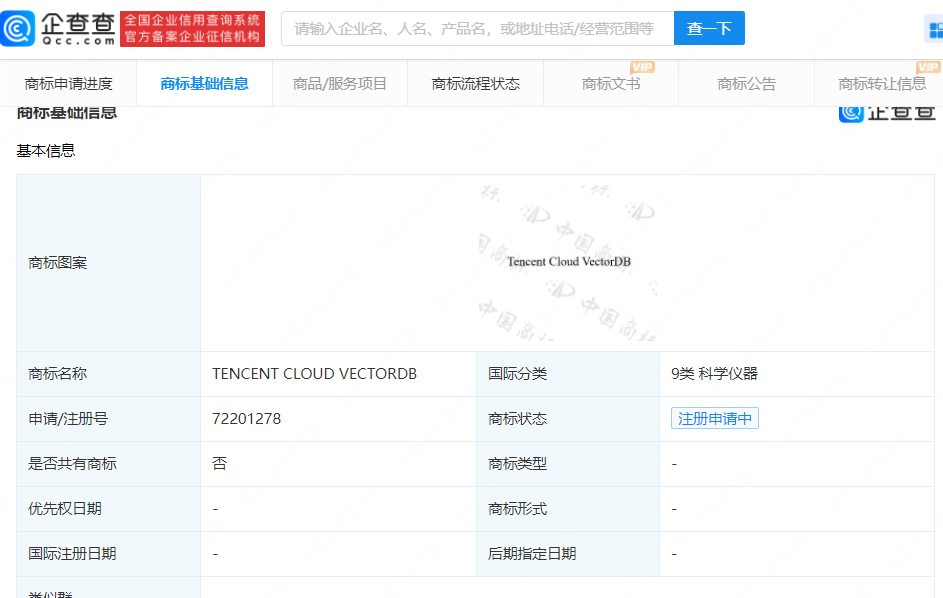 腾讯将发布大模型训练自研向量数据库已申请自研向量数据库商标