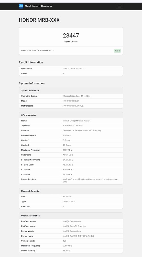 荣耀新款笔记本性能跑分曝光：搭载英特尔酷睿Ultra 7
