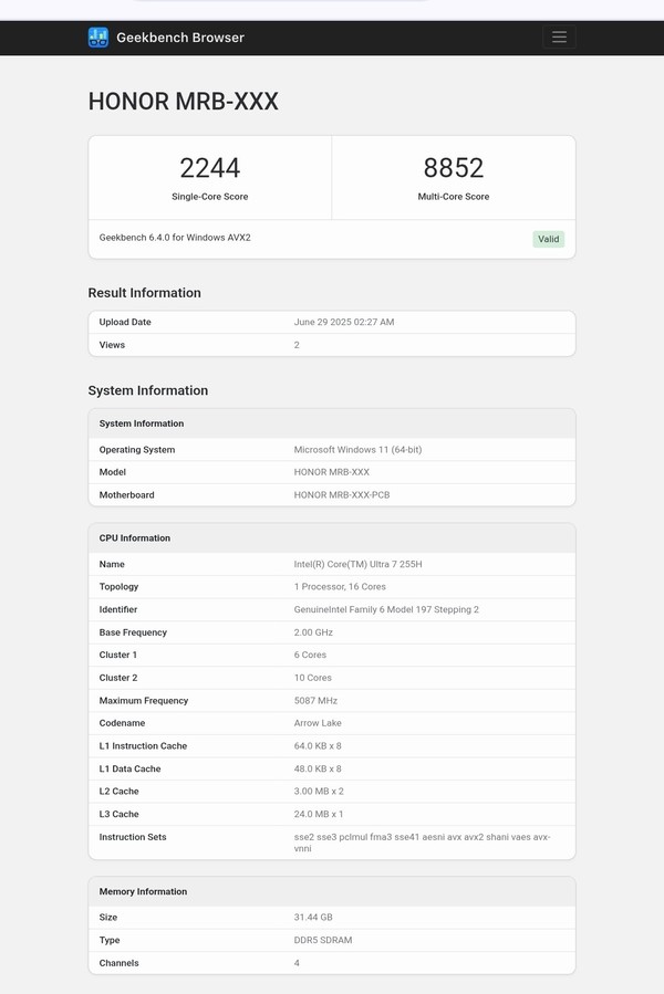 荣耀新款笔记本性能跑分曝光：搭载英特尔酷睿Ultra 7